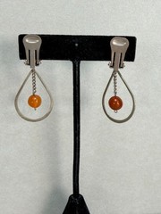 Mid Century Modern Amber Lucite Silver Tone Clip On Dangle Earrings Vintage