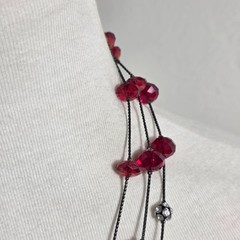 Nine West Multi-Strand Necklace Gunmetal-Tone Chain Red Beads White Rhinestones