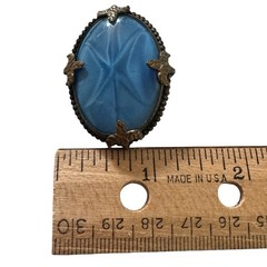 Vintage Germany Blue Marble Glass Cabochon Brass Brooch Pin Old