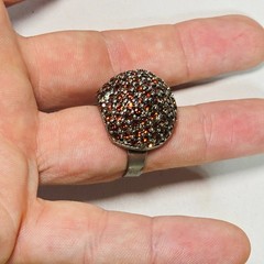Vintage Dome Cocktail Ring Amber Glitter Rhinestone Pave Adjustable