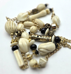 Vintage Lucite Beaded Necklace Cream Black Gold Tone 34 in Long Lightweight