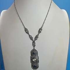 Antique Art Deco Rhodium Plated Filigree French Paste Flower Enamel Necklace