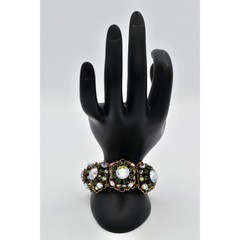 Vintage Aurora Borealis Crystal Bracelet Green AB Antiqued Gold Shiny 1950s Bin2