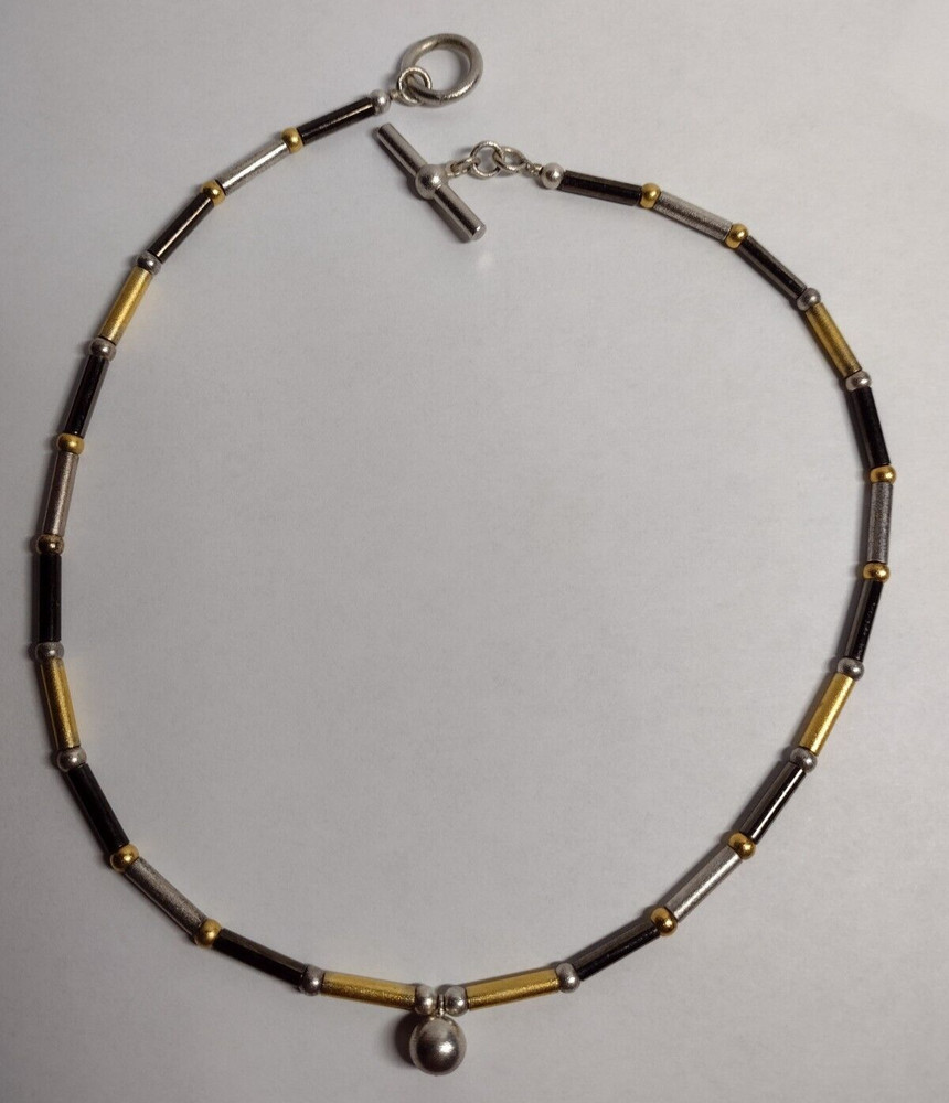 Silver Gold Black Textured Tube & Bead 16″ Custom Handmade Choker Necklace