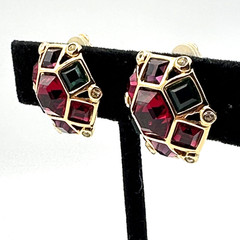 SWAROVSKI vintage earrings – hexagon clip-ons – gold & jewel-tone crystals swan