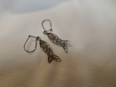 Vintage Filigree Spun Silver Rustic Fish Drop Dangle Wire Pierced Earrings