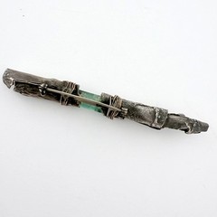 vintage Modernist reticulated sterling, bronze and tourmaline crystal bar brooch