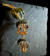 Vintage Made in Austria Green Leaf Flower Pin Rhinestones Gold Crystal Brooch 3”