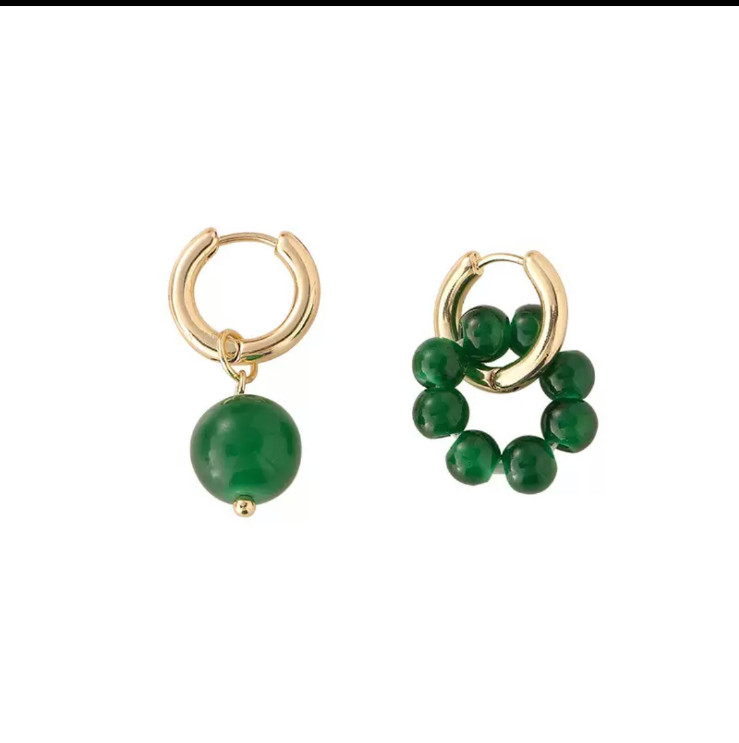 Vintage Asymmetric Gold-Tone Huggie Hoops with Green Jade Bead & Cluster Charms