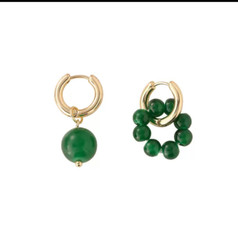 Vintage Asymmetric Gold-Tone Huggie Hoops with Green Jade Bead & Cluster Charms