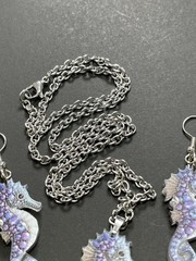 Vintage Purple Seahorse Acrylic Pendent Silver Tone Necklace & Earrings Set