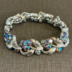 Vintage Rhinestone Bracelet Lisner Aurora Borealis Silver Tone Leaf Design