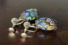 Vintage Murano Millefiori Glass Bead Drip Earrings Gold Tone Twist Back