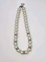 Glass Faux Pearl & Rhinestone Necklace Vintage 13.5mm 18″ – 21″ Adjustable