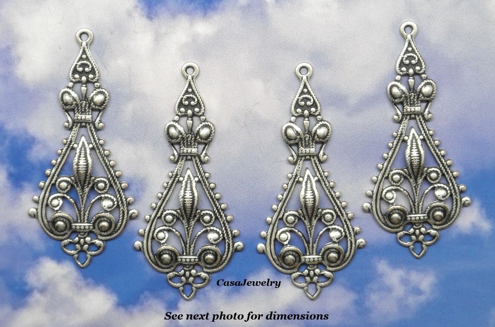 #0009 ANT’D .925 STERLING SILVER PLATED FILIGREE TEARDROP W/TOP HANG RING- 4 Pcs