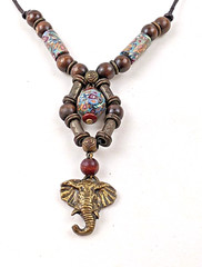 Elephant Pendant Necklace w Millefiori African Trade Beads Wood & Metal Beads