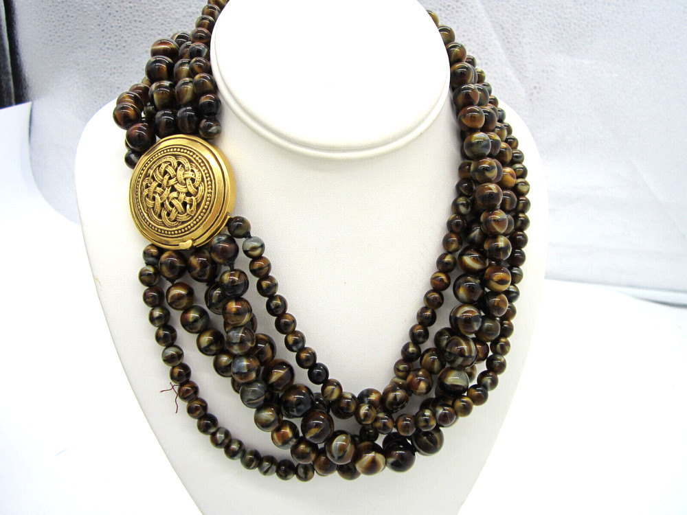 Estate MMA Museum of Modern Art Goldtone Agate Bead 280 Gram 5 Strand Necklace