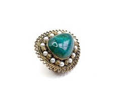 Rare Vtg Handmade Israel Sterling Silver Pearls Green Chrysocolla Brooch Pendant