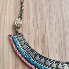 Boho Tribal Bib Fringe Statement Necklace Turquoise Beads Rhinestones Gold Tone