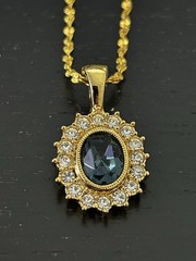 Gold Tone Blue Oval Rhinestone Halo Pendant Necklace Elegant Vintage Style