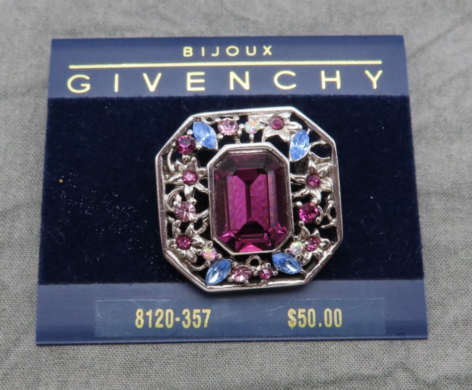 Givenchy Rhinestone Brooch Vintage Pin Purple Blue Faceted Crystal 1.25 in 844f