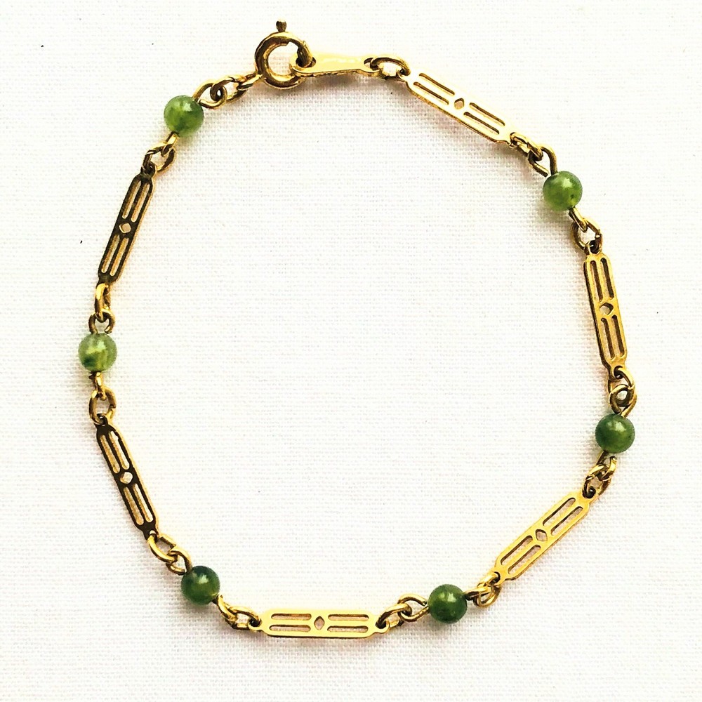 Dainty Faux Jade Panel Link Chain Bracelet Minimalist Signed 70s Jewelry Gift 7”