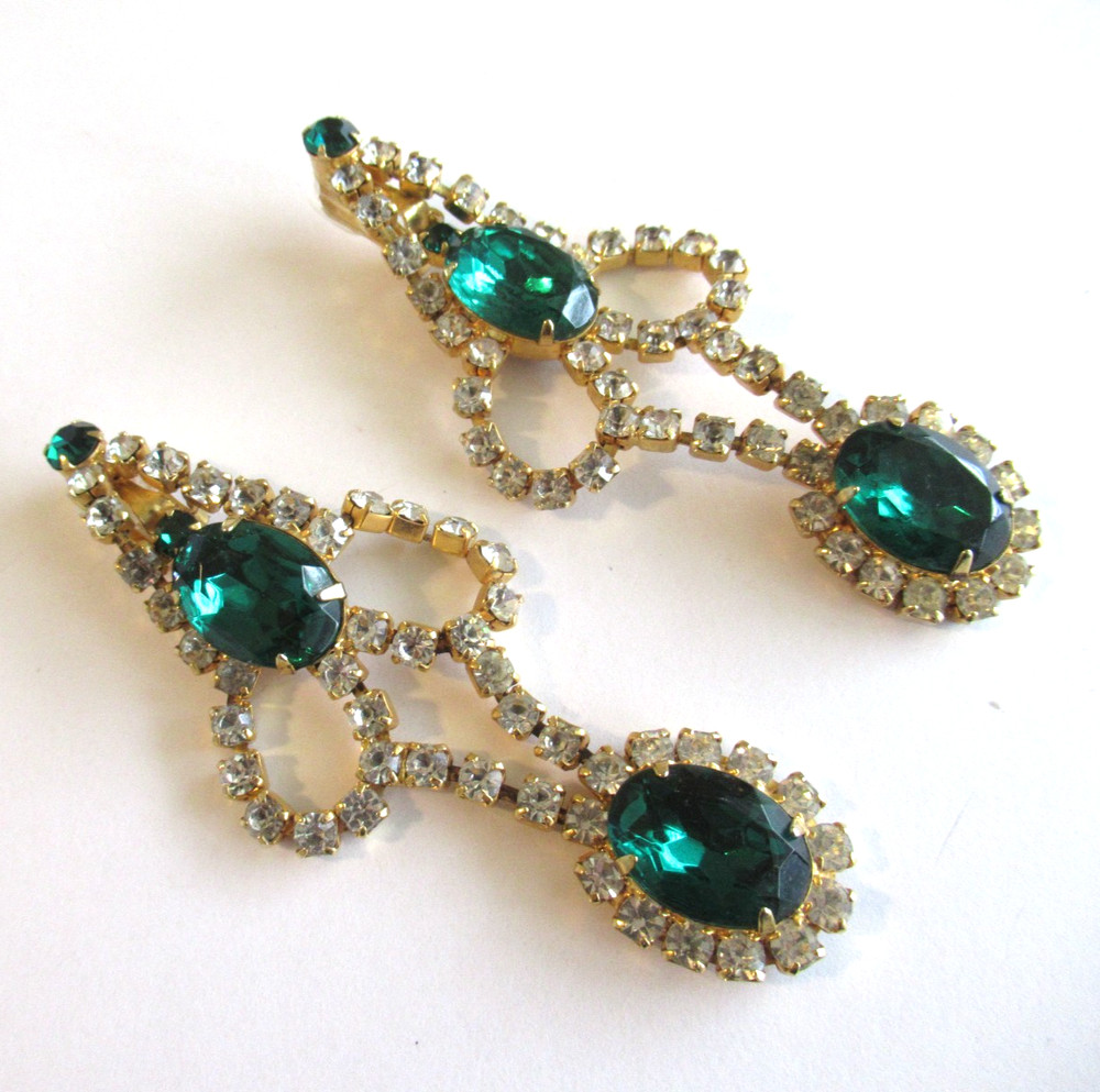 Vintage Green Rhinestone Dangle Clip Earrings 3.5 in Long