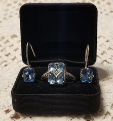Art Deco Antique Blue Topaz Diamond Accent Ring & Earrings Set,Size 10, 925 &CNA
