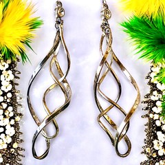 Vintage Earrings Spiral Twist Long Drop Rhinestone French Wire Silver Tone