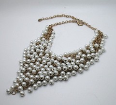 Vintage RJ Graziano statement bib necklace Goldtone chainmail and faux pearls