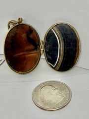 Victorian Double Sided Oval Banded Agate & Agate Locket Pendant Necklace 18”