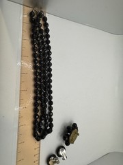 Vintage Jet Black Faceted Bead Double Strand Necklace Earring Brooch Jewelry Set