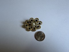 Gold Tone Blue & Green Crystal Rhinestone White Faux Pearl Pin
