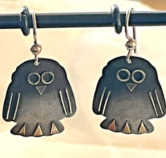 Vintage Artisan Owl Dangle Pierced Ears Earrings Matte Finish Geometric Overlays
