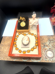 Antique fine Art Nouveau Lady locket jewelry lot Lg cameo Art Deco necklace doll