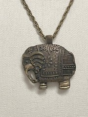Large Elephant Pendant on Brass Tone Long Chain Vintage