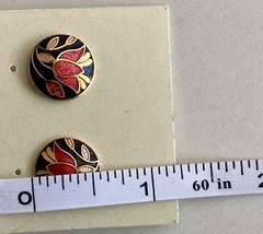 Vintage Fine Enamel Round Stud Earrings Floral Red Black Gold .50in Ladies 5.3g