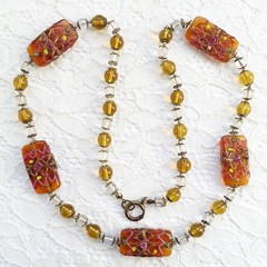 Vintage 1940s Venetian Wedding Cake Art Glass Bead Necklace Topaz Amber 25in