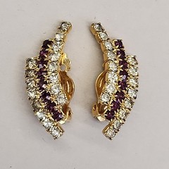 Vintage Rhinestone Clip On Earrings Purple Clear Climber Gold Tone 1 3/8″