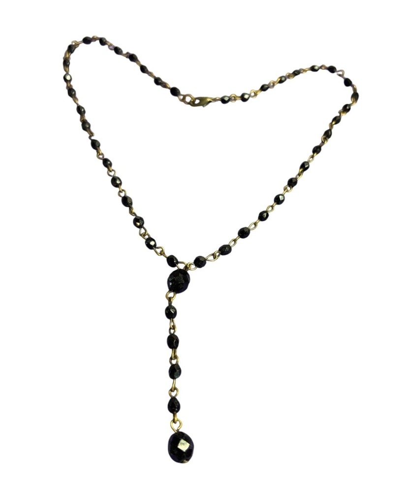 Vtg 90s Y Necklace Black Faceted Glass Beaded Chain Goldtone Lobster Clasp 16 in