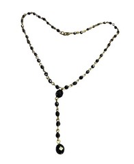 Vtg 90s Y Necklace Black Faceted Glass Beaded Chain Goldtone Lobster Clasp 16 in