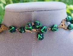Vintage Hobe Green Glass Foil Bead Brass Swag Bib Necklace