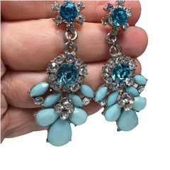 Vintage Ice Blue Sparkling Earrings Rhinestones- No Stones Missings-Drop 2.25 In