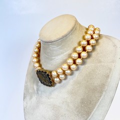 LES BERNARD Faux Pearl Choker Necklace Intaglio Lovers Cameo Hermes Aphrodite