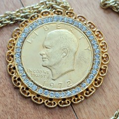 Eisenhower Dollar 1972 Gold Plated Pendant Necklace Vintage Chain
