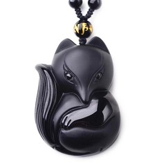 Vintage Exquisite Obsidian Fox Pendant Beaded Chain Necklace Charm Unisex Amulet