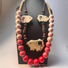 Vintage Necklace Lot Eclectic Kid Core Chunky Wood Beads Sheep Pink