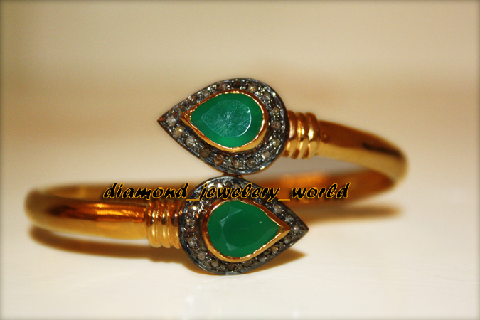 1.78ct Rose Cut Diamond Emerald Silver Vintage Gorgeous Bangle Bracelets Jewelry