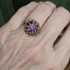 VTG Austrian Crystal RING Twist Brass Purple Glass Cocktail Dome 6.5 Adjustable