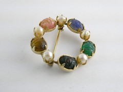 Vintage 1/20th 12k Gold Fill Faux Pearl and Semi Precious Gem Scarabs Circle Pin